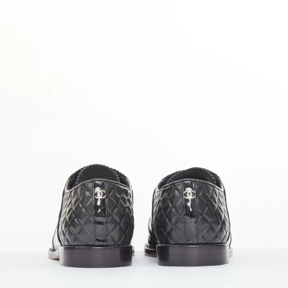 CHANEL 2017 Paris Havana black matelasse quilted panel derby oxfords EU38.5C